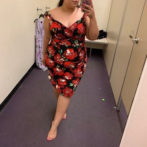 Floral Off-Shoulder Sheath Dress in Black with Red Flowers